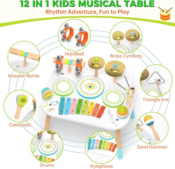 12-in-1 Drum Set for Toddlers 1-3,Baby Musical Instruments Table ,Wooden Montessori Toys with Xylophone,Bongo Drums,Cymbals,Maracas & Wrist Bells,Birthday Gift for 1 2 3 Year Old Boy Girls