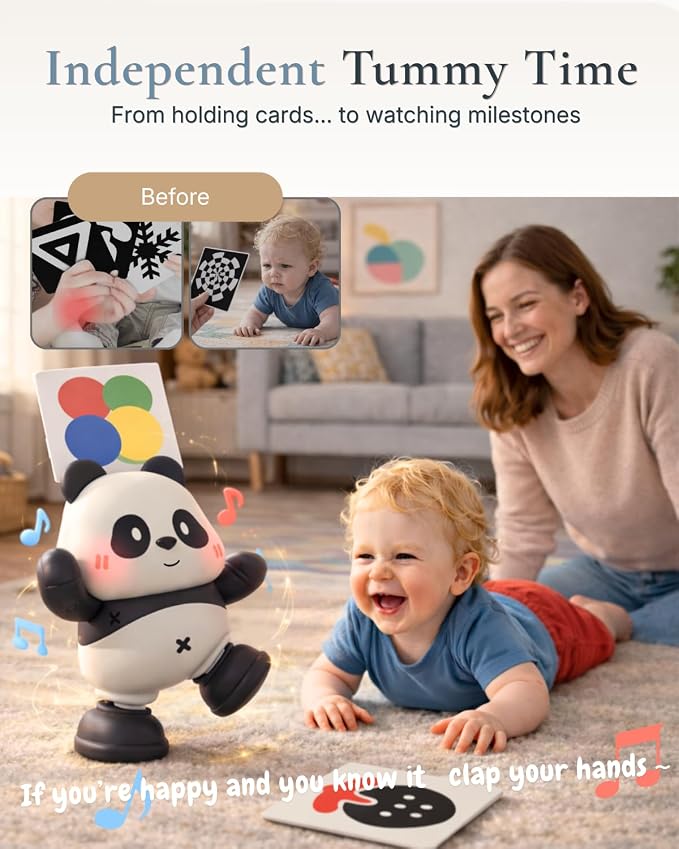 Cuddobaby Dancing Panda High Contrast Musical Toy| Independent Tummy Time 0-6M, Crawling Encourage 6-12M| Light-Up Changes, Hands-Free Flash Card Stand for Newborns, Infants, Drop-Proof