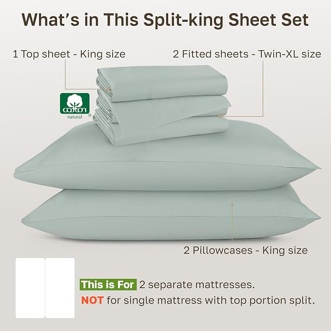 CALIFORNIA DESIGN DEN Authentic Soft Split King Sheets, 800 Sateen 100% Cotton, Cooling Than Egyptian Cotton Sheets, Split King Size Cotton Sheets Set 5 Pc Set with Deep Pockets No Pop-Off (Soft Teal)