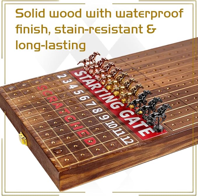Jyquorp Horse Race Board Game, Solid Wood Foldable Racing Board with 11 Metal Horses, 2 Dice and 2 Boxes of Cards, Portable Travel Game for Family Parties and Holiday Gatherings