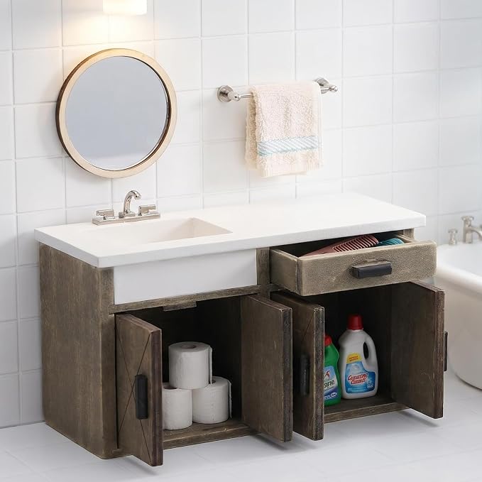 Dollhouse Furniture 1/12 Scale Miniature Sink Cabinet Wooden Bathroom Vanity Cabinet with Openable Drawer and Doors (Gray)