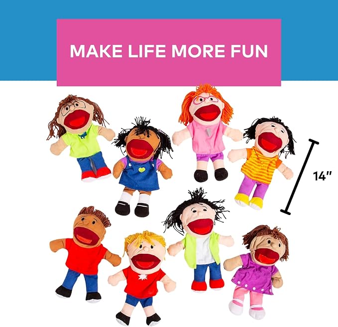 Fun Express Hand Puppets for Kids - 8 Multicultural Plush Puppets with Movable Mouths for Speech Therapy, Social Emotional Learning & Dramatic Play | 14 Inch Educational Toys for Classroom & Home Use