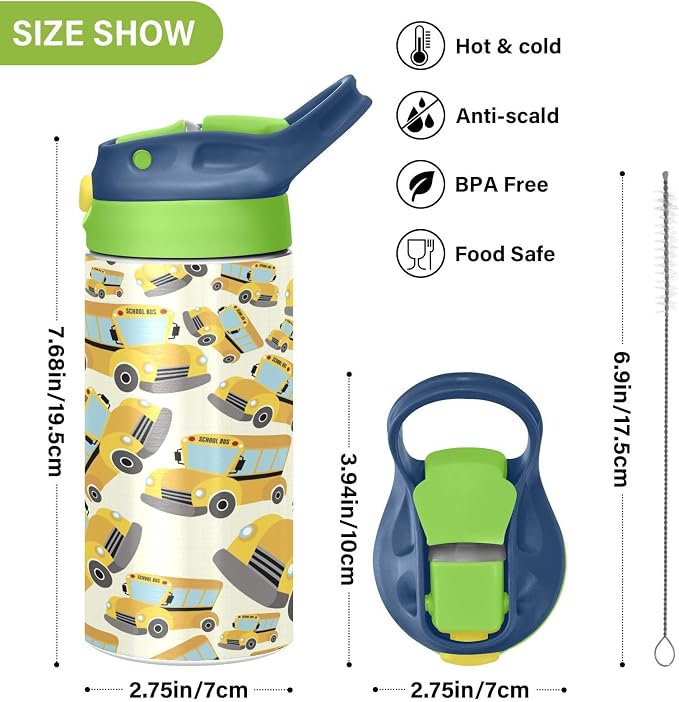 Boccsty Yellow School Bus Kids Water Bottle with Straw Lid Truck Insulated Stainless Steel Reusable Tumbler for Boys Girls Toddlers 12 oz Green