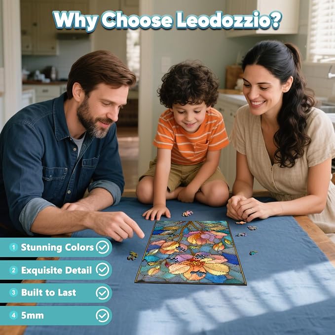 Leodozzio Stained Glass Wooden Puzzles for Adults, Flower Jigsaw Puzzles 500 Pieces, 5MM Thick Unique Shaped Animal Wooden Puzzle, Birthday Gifts, Family Games, 12.4x17.8 Inch
