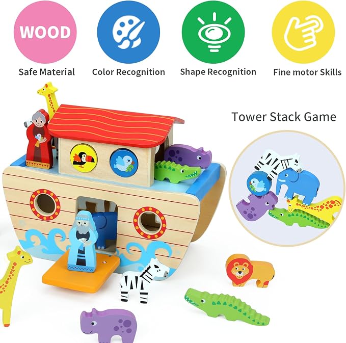 Wooden Noah's Ark Toy Animal Playset for Toddlers, Shape Sorter Early Learning Montessori Toys, Baptism Gifts for 1 2 3 Year Old Boys Girls