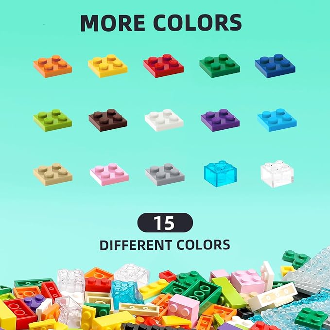 1500 Pieces Building Bricks, Classic Building Bulks with 30PCS Small Flat Plates and 46PCS Wheel Parts and Pieces - Compatible with Lego and Other Brands, 16 Color/18 Size