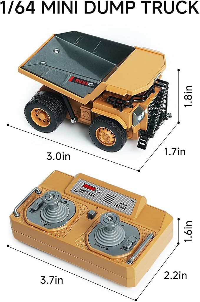 BRRRRT 1/64 RC Dump Truck,Full Proportion Mini Dump Truck Toy,8-Channel Remote Control Toy with Metal Bed & Light, RC Construction Vehicles,Type-C Built-in Battery for Boys and Girls Age 3+