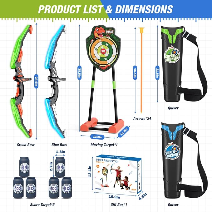 HYES 2 Pack Bow and Arrow with Moving Target for Kids, LED Light Up Archery Set with 24 Suction Cup Arrows, 6 Score Targets & 2 Quiver, Indoor Outdoor Sport Gifts for Boys Girls Ages 4-12