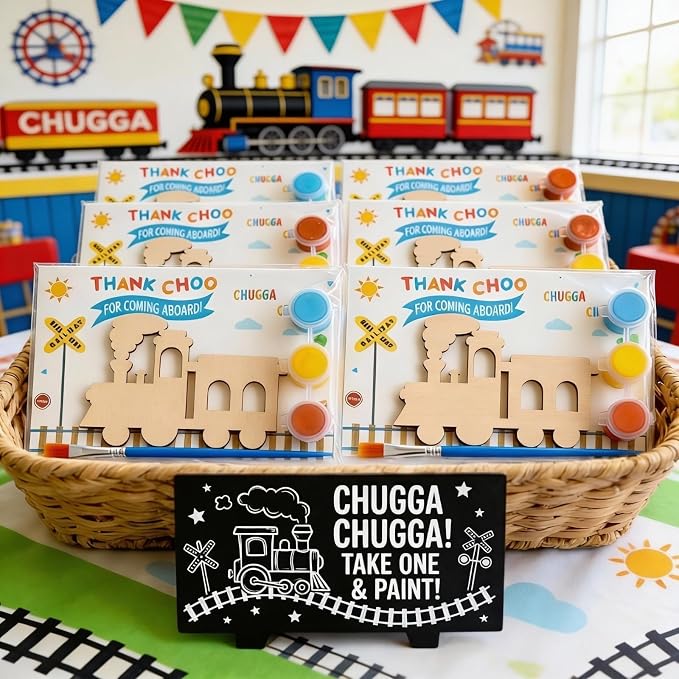 12 Pack Pre-Packaged Train Party Favors, Wooden Train Painting Kits, Choo Choo 2nd Birthday Decorations, Toddler Party Favors & Goodie Bag Stuffers for Kids 3-5