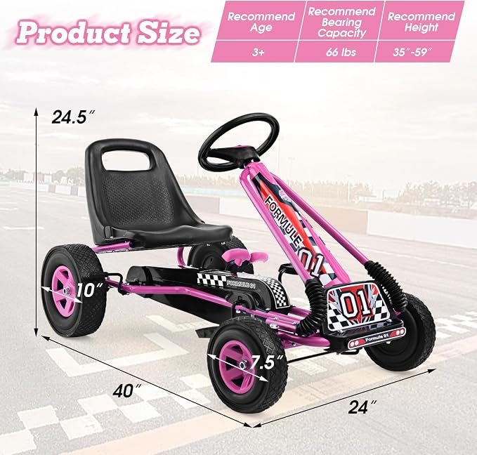 Costzon Go Kart for Kids, 4 Wheel Off-Road Pedal Go Cart w/Adjustable Seat, Steering Wheel, 2 Safety Brakes, EVA Rubber Tires, Ride-On Toys, Outdoor Racer Pedal Car(Pink, 40" L x 24''W x 24.5''H)