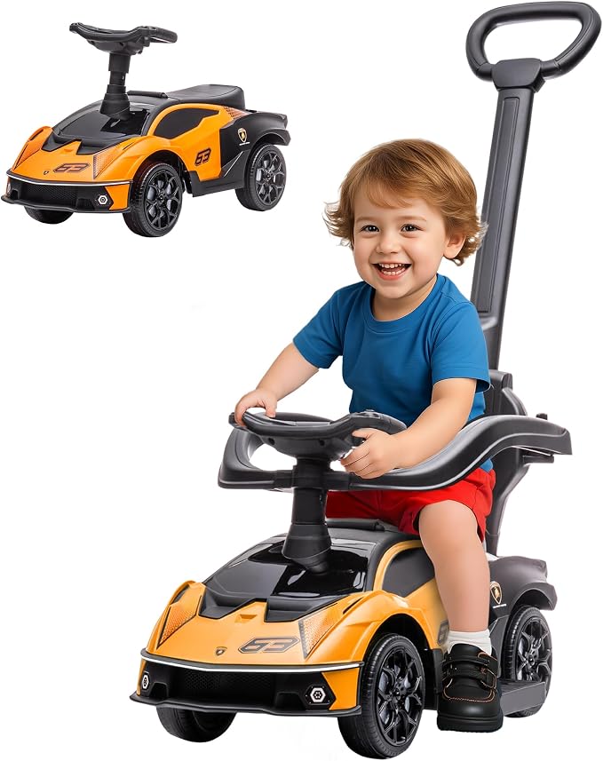 Aosom 2-in-1 Ride On Push Car for Toddlers 1-3, Licensed Lamborghini Stroller Sliding Car, Push-Along with Under Seat Storage Horn Engine Sound and Steering Wheel, Manual, Orange