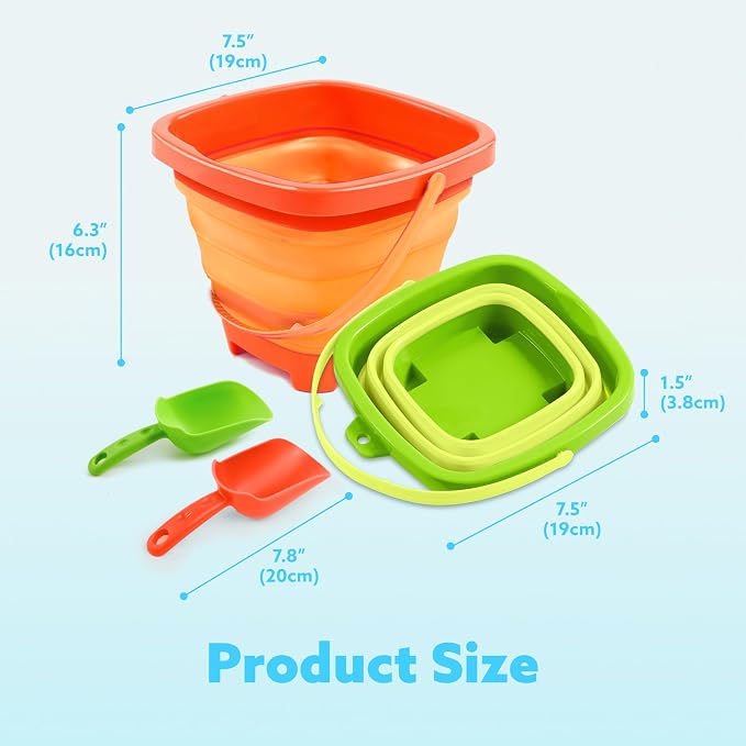 Sloosh 3-Pack Collapsible Sand Toys - Square Foldable Pail Silicone Beach Water Bucket with 3 Shovels for Sandbox Play, Party in Summer Portable Toddler Kids Toys Beach Travel (Orange/Blue/Green)