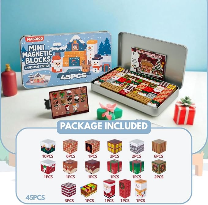 45PCS Mini Magnetic Blocks Travel Set – Christmas STEM Toddler Toys in Iron Box, Educational Building Cubes for Kids Ages 3–8, for Boys & Girls