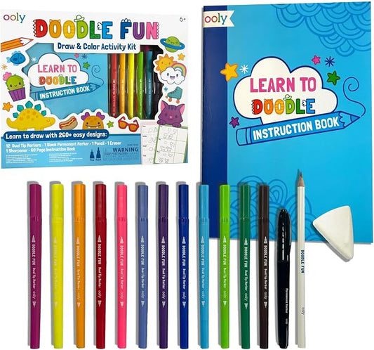 Ooly 17 PC Doodle Fun Draw & Color Activity Kit - Learn to Draw +260 Designs with 60 Page Instruction Book, Markers, Pencil & More- Great Screen-Free Entertainment