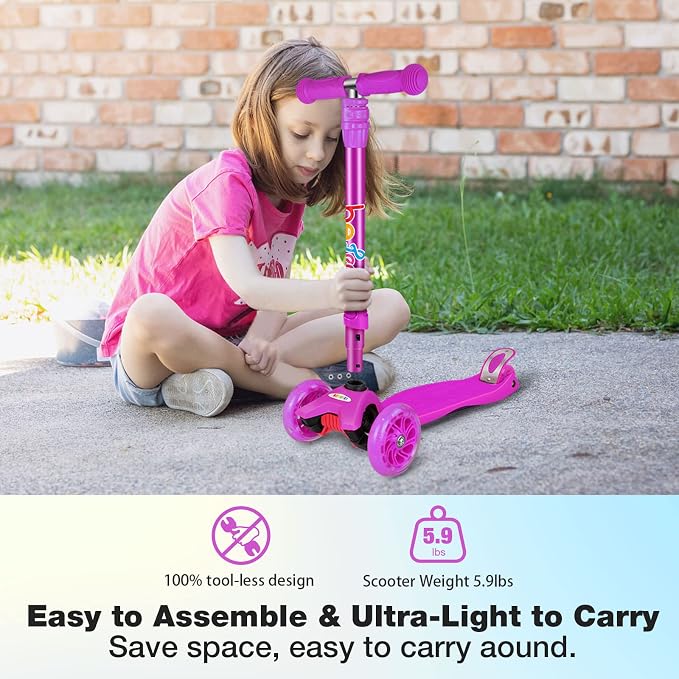 BELEEV Scooters for Kids 3 Wheel Kick Scooter for Toddlers Girls Boys, 4 Adjustable Height, Lean to Steer, Light up Wheels, Extra-Wide Deck, Easy to Assemble for Children Ages 3-12