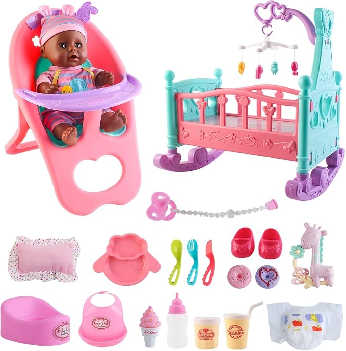 deAO 12” Black Baby Doll Play Set with Crib, Mobile, High Chair Feeding Accessories, Interactive Dolls for Girls Kids Pretend Play Baby Dolls 21 PCS