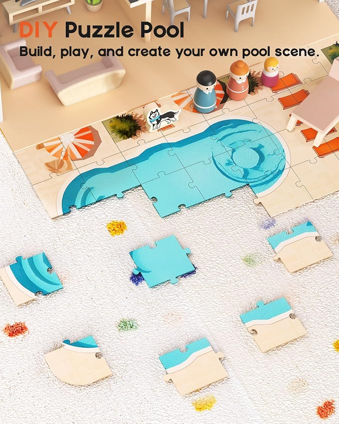 BIERUM Wooden Dollhouse, Large Modern Doll House with 44Pcs Furniture Accessories, Dolls & Pets, DIY Puzzle Pool Yard, Wood Dollhouse Toy for Toddlers 3+, Ideal Gift for Boys and Girls (Black)