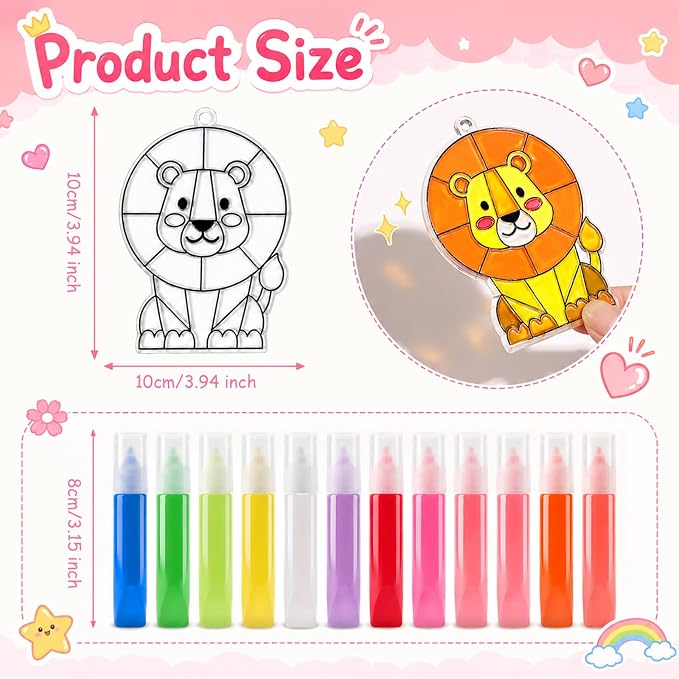 Blueweenly 36 Pcs Jungle Animal Suncatcher Kits 24 Pcs Jungle Animals Suncatchers Painting Crafts 12 Colored Paints Suncatcher Decoration Window Paint Art Sun Catchers Gift Art Project