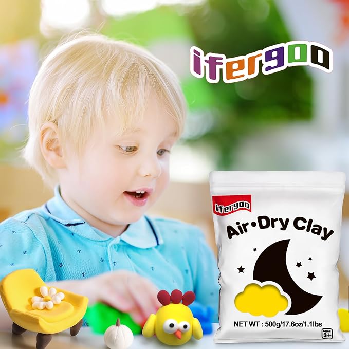 ifergoo Yellow Air Dry Clay - Moldable Cosplay, DIY Creative Modeling Clay for School Arts & Craft Project, Fake Bake, Slime Supplies, Super Light Magic Foam Molding Clay, Soft, No-Sticky, 1.1LBS/500G