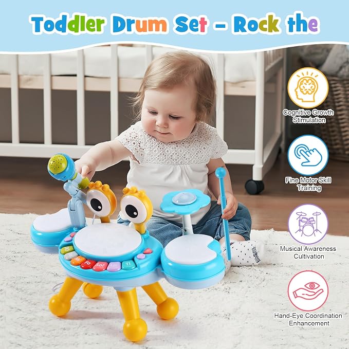Resosese Toddler Drum Set for 1-3 Year Old, Baby Drum Set for Kids 1 2 3, Montessori Learning Toys with Light-Up Microphone, Birthday Gift for Baby Boys Girls 6 9 12 18 Months