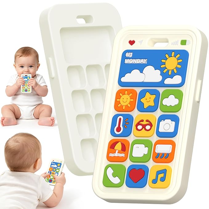 Baby Teething Toys Silicone Baby Phone Teether Over 3 Months - Sensory Chew Toys Baby Teether for Teething Relief - BPA Free Infant Toys Baby Shower Gifts (1, White)