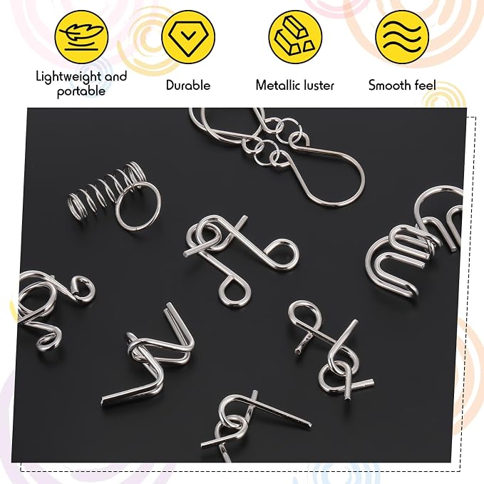 Metal Wire Puzzle Set of 8 with Pouch, Brain Teaser Puzzles IQ Test Ring Disentanglement Unlock Interlock Game Trick Metal for Party Favor Challenge(A Style)