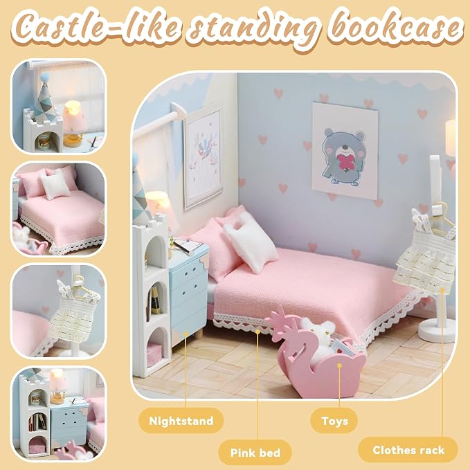 Kisoy Dollhouse Miniature with Furniture Kit, DIY 3D Wooden DIY House Kit A Corner of a Small Apartment Style with Dust Cover & LED,Handmade Tiny House Toys for Kids Adults Gift (Dream Room)