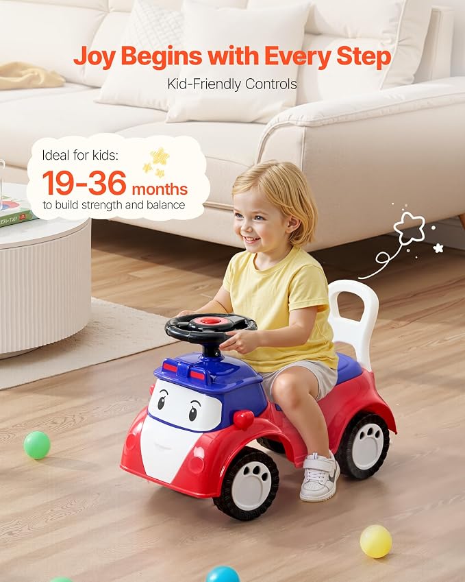 VEVOR Ride On Toddler Push Car, Push Car for Toddler 19 to 36 Months, Kids Ride On Toy with Music & Under-seat Storage, 55 lbs Load Capacity, Foot-to-Floor Walker for Toddlers Boys Girls, Red