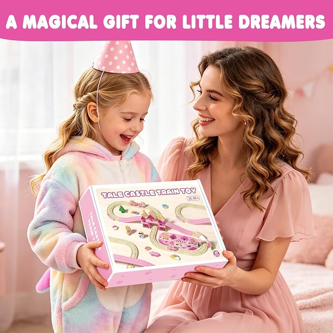 Wooden Train Set for Toddlers 3-5, 40PCS Pink Princess Castle Wooden Train Track Set with Fairies, Girl Toys Age 3-6 Birthday Gift for 3 4 5 Year Old Girls