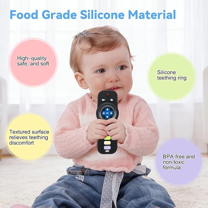 MISSLILI Teething Toy for Babies 3-6-12 Months, Silicone Baby Rattles Teether, Teething Relief Infant Toddles TV Remote Control Teether for 0-24 Months, Black
