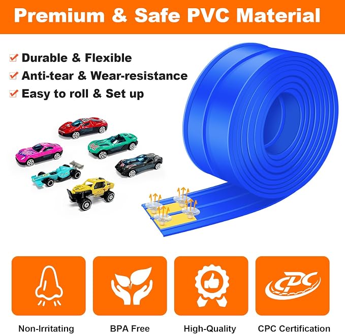 15Ft Flex Track, Flexible Race Car Track for Kids Toy with 10 Suction Cups, Rolls Up Portable Racetrack Compatible with Hot Wheels & Diecast 1/64th Cars, Birthday Gifts for Boys Girls (Blue)