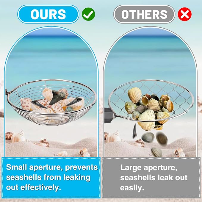 Biggun 2 Pack Shark Tooth Sifter with Seashell Bags, 21.8in~34in Adjustable Sand Sifter & Beach Shovel, Beach Sand Toys for Kids Adults Picking Up Shells Girls Boys Gifts
