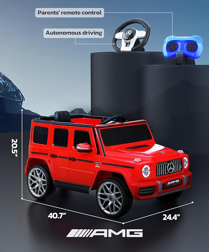 ELEMARA Licensed Mercedes-Benz AMG G63 Ride on toys,Drivable Car for Toddler,Kids' Electric Vehicles,Dual Mode of Flashing Light/LED light,Low Battery Prompt,Bluetooth,Music& Horn,Soft Start,Light Red