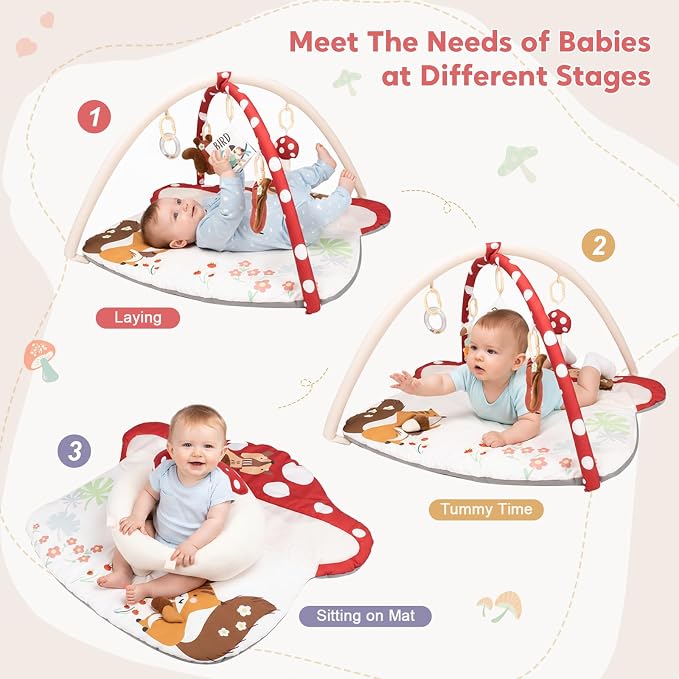 suihuooo 3-in-1 Baby Play Mat & Baby Seats for Infants for Sitting Up, Tummy Time Gym Activity Mat with 5 Detachable Toys, for Babies 0-6-12-18 Months, Newborn Babies Shower Gifts(Red)