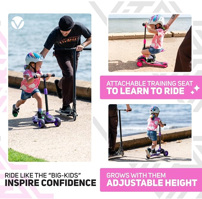Vital Tyke 3 Wheel Toddler Scooter | LED Wheels, Foldable, Tool-Free Adjustable Handlebar & Removable Seat Scooters for Kids 3-5 and kick Scooters for Kids 5-7 up to 110lbs