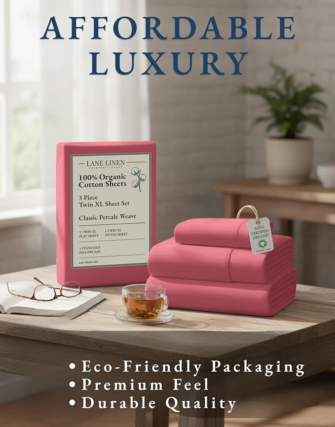 LANE LINEN Twin XL Sheets 100% Organic Cotton Cooling Soft - Mineral Red | Organic Cotton Percale Twin XL Sheet Set - For Hot Sleepers, All-Season Comfort, For Dorms & Adjustable Beds