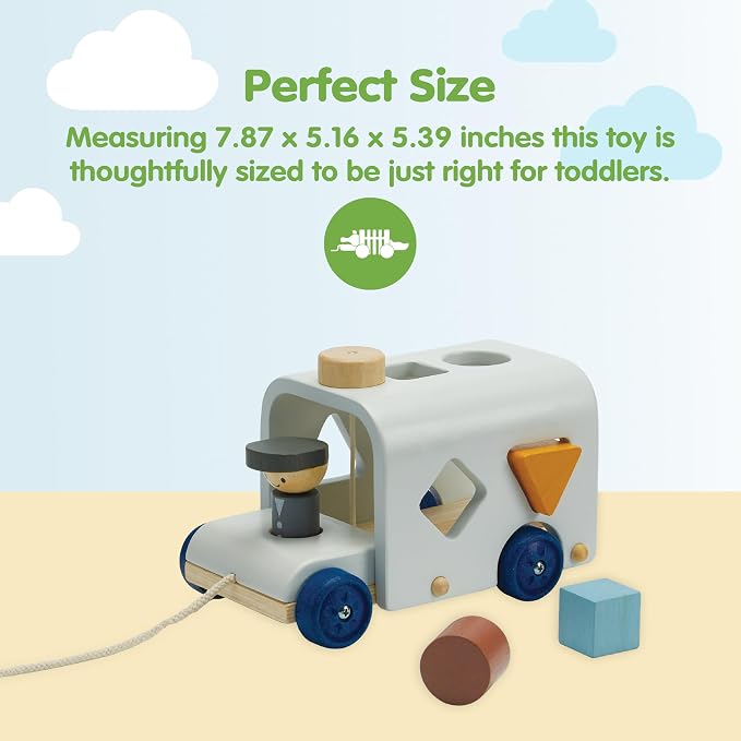 PlanToys® Wooden Shape Sorting Bus Toy for Kids Ages 3+ | Montessori Pull Along & Colour Learning Activity for Sorting, Coordination & Fine Motor Skills | Eco-Friendly Educational Playset