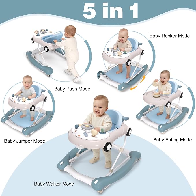 5-in-1 Convertible Baby Walker with Steering Wheel Music Activity Center – Infant Rocker, Jumper, Push Walker, Bouncer & Feeding Foldable Walker for Ages 6-18 Months Boys Girls (Haze Blue)