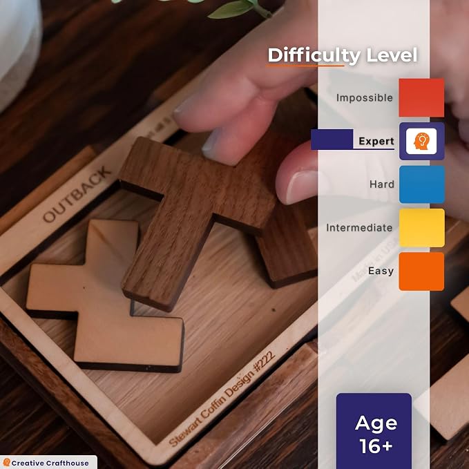Creative Crafthouse Outback Puzzle, Stewart Coffin Wood Brain Teaser, Hard | A packing design numbered 222. Five cherry and maple pieces have just one known solution, a tough desk challenge, made in USA