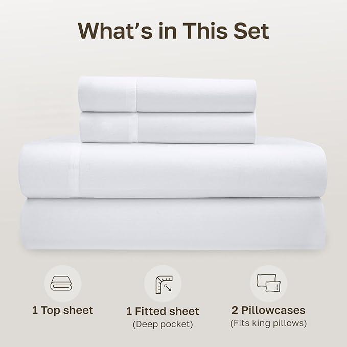 California Design Den King Size Sheets Set - Soft 100% Organic Cotton, Crisp Percale Sheets with Deep Pockets, Breathable and Durable Bedding Set - White