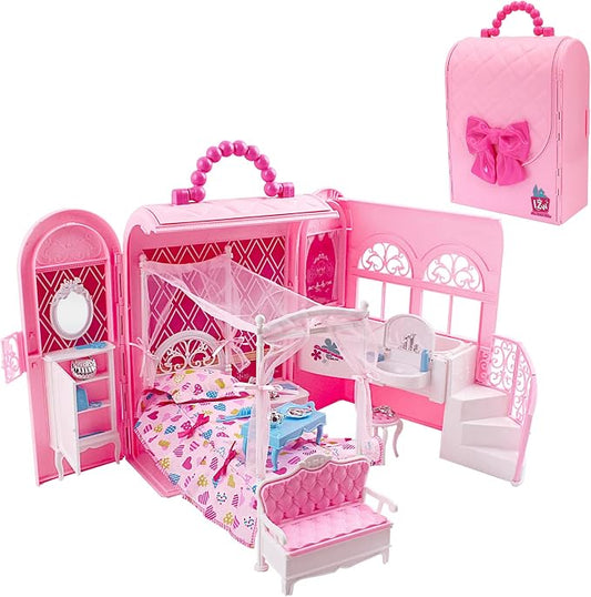 deAO Doll Houses Portable Backpack for Girls Toy House Baby Dollhouse Bedroom Furniture for 3 to 8 Years Olds Toddler Kids…
