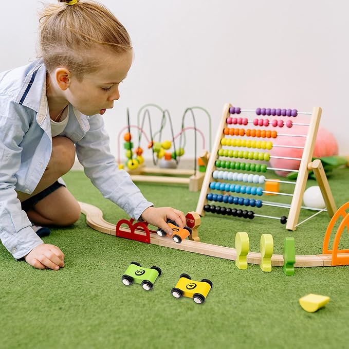 Sotiff 8 Pieces Wooden Mini Car Wood Race Car Track Ramp Replacement Toy Vehicle Play Sets for Toddlers Party Gift