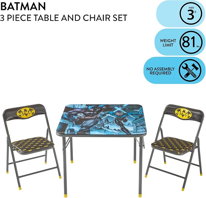 Batman 3 Piece Children's Activity Square Table and 2 Folding Chairs Set, Ages 3+