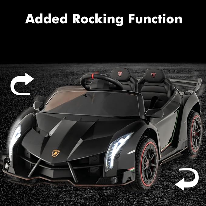 INFANS 2 Seater Kids Ride on Car, 12V 4WD Licensed Lamborghini Veneno Powered Electric Vehicle with Hydraulic Doors, Rocking Mode, Adjustable Speeds, Remote Control, MP3, Headlight (Black)