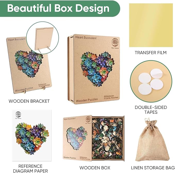 Mys Aurora Puzzles for Adults 500 Pieces, Heart Succulent Jigsaw Puzzles, Unique Shaped Wooden Puzzles for Adults and Kids， Fun Challenging Family Plant Puzzle Game 17.5'' x 16.7''