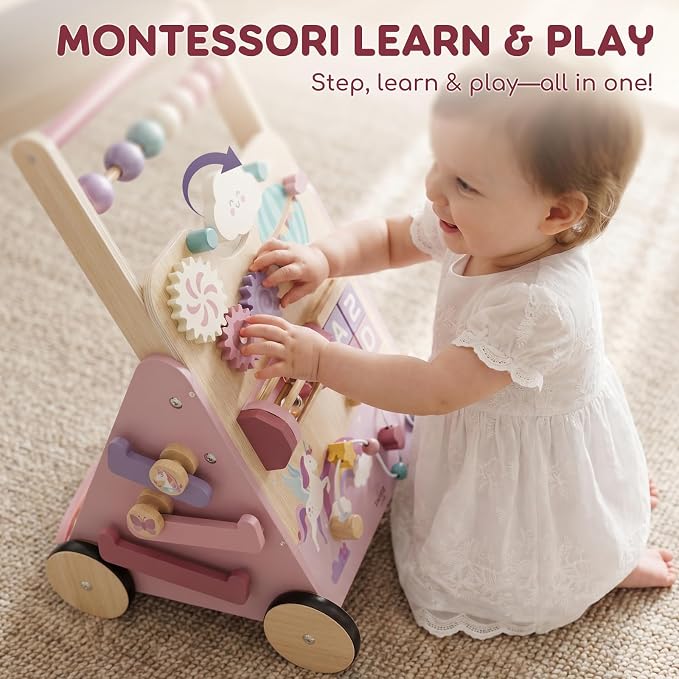 Lehoo Castle Unicorn Wooden Baby Walker, Adjustable Speed Baby Push Walker | Push Walker with 10-in-1 Activity Center, Montessori Walker Toy for 1 Year Old Girls Learning to Walk