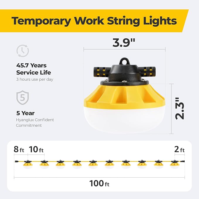 100FT Construction String Lights, 10-Light LED Work Light, 100W 11000LM, ETL Certified, 18/2 SJTW Cord, Linkable up to 8 Sets, IP65 Waterproof, for Jobsite, Attic, Garage