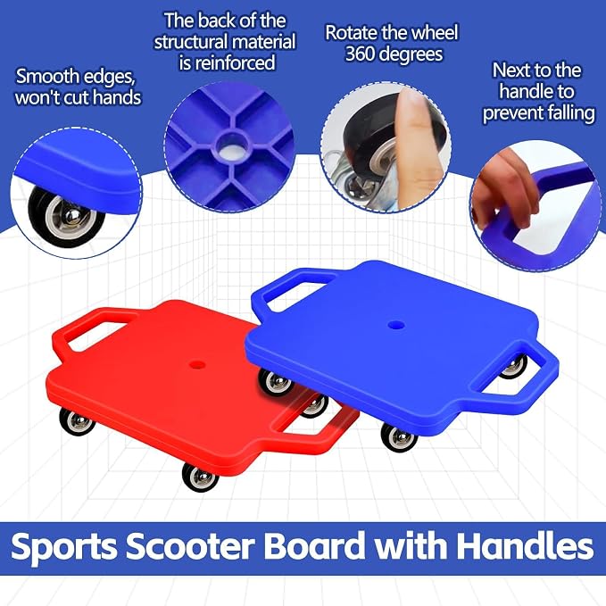 2 Pcs Sports Scooter Board with Handles Colored Floor Sitting Scooter Board with Plastic Casters for Kids Gym Indoor Outdoor Activities Play Equipment