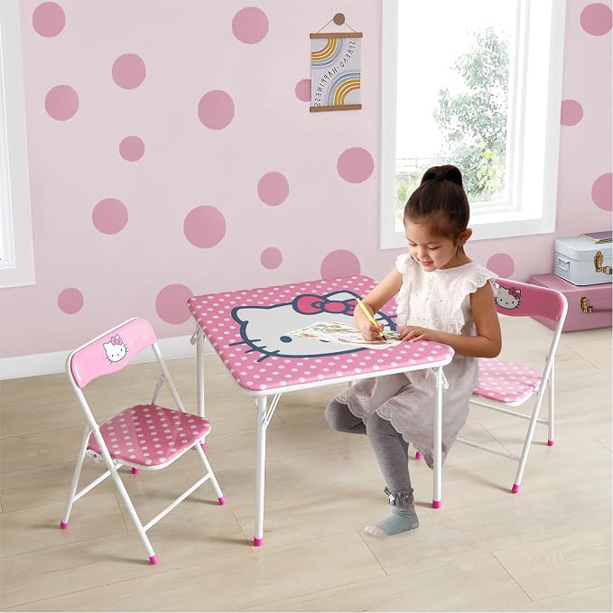 Hello Kitty Kids Activity Table and Chair Set, 3-Piece Square Table with 2 Folding Chairs, Sanrio Character Design,Furniture Set for Ages 3+