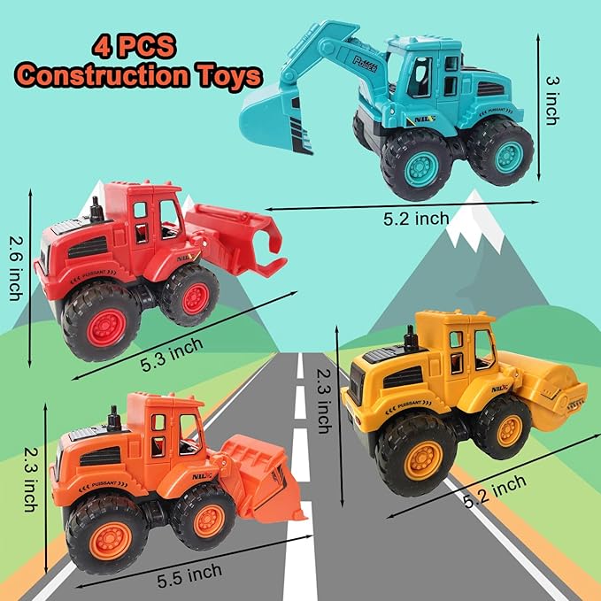 4PCS Construction Toys,Friction Powered Construction Truck Toys Vehicles,Mini Construction Vehicles Toys Sand Truck Toys,Bulldozer Excavator Roller Truck Toys Gift for Kids Boys Girls